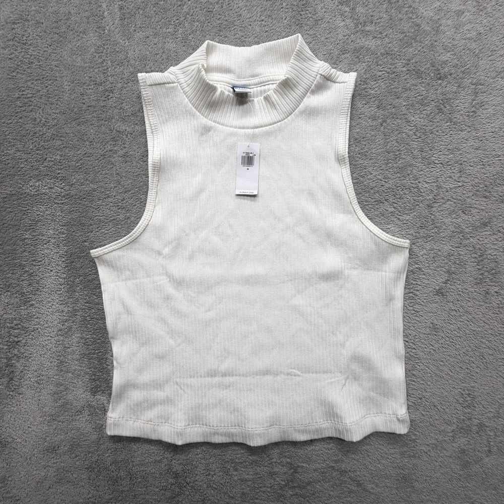Old Navy Tank‎ Top Womens Medium White Ribbed Mock Neck Sleeveless Cropped Basic